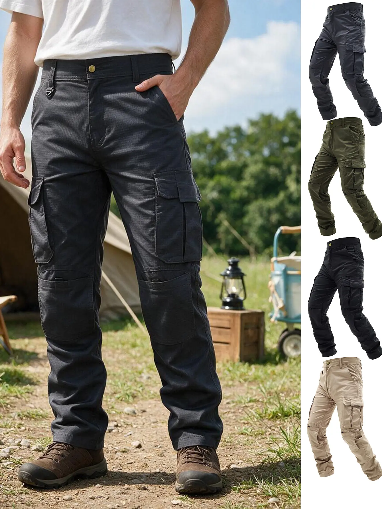 Men's Multi-Layer Pocket Cargo Pants - Straight, Wear-Resistant Tactical Trousers for Outdoor Camping, Construction Work, All Seasons, with 4 Classic Solid Color Options