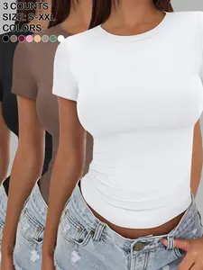 2026 Women's Basic Short Sleeve Crew Neck T-Shirt, Casual Solid Slim-Fit Tee, Summer Daily Wear, Women Teen Girls Clothes