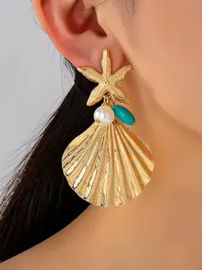Oceanic Shell Starfish Earrings, Vintage European Style, Metal Texture Pearl Turquoise Decor, Women's Beachwear Jewelry