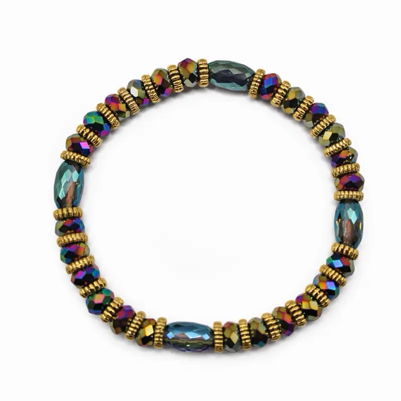Jaljali Peacock Crystal Bracelet for Women | Handmade Iridescent Beaded Stretch Bracelet with Gold Accents Jewelry Gift