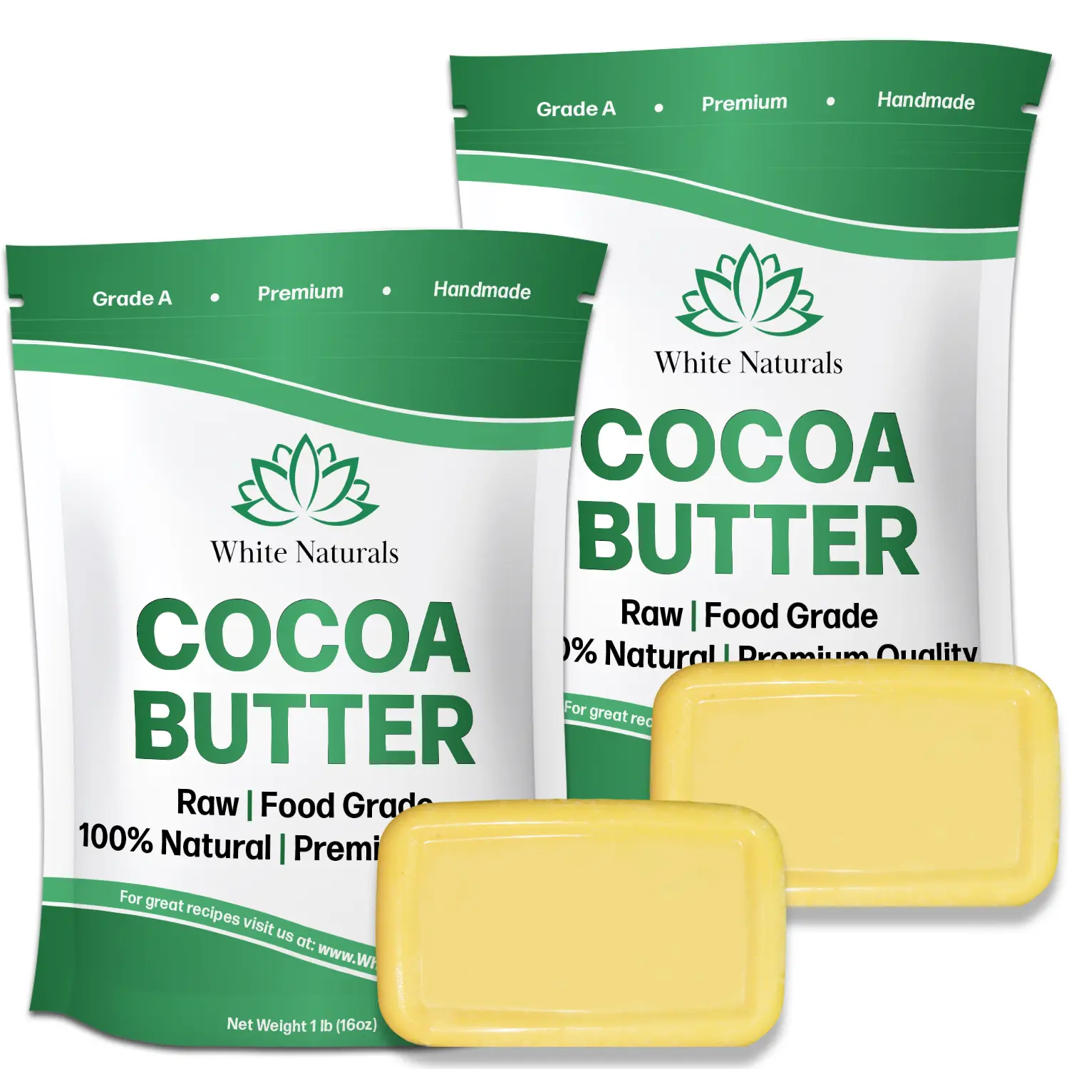 White Naturals Organic Cocoa Butter 2lb (1lb in each bag), Unrefined Raw Pure Natural, Face & Hair Moisturizing to Deeply Hydrate Skin Use for DIY Whipped Body Butters, Lotions, Stretch Marks Cream 16oz Body Care,  DIY Cosmetic Skin Care Moisture