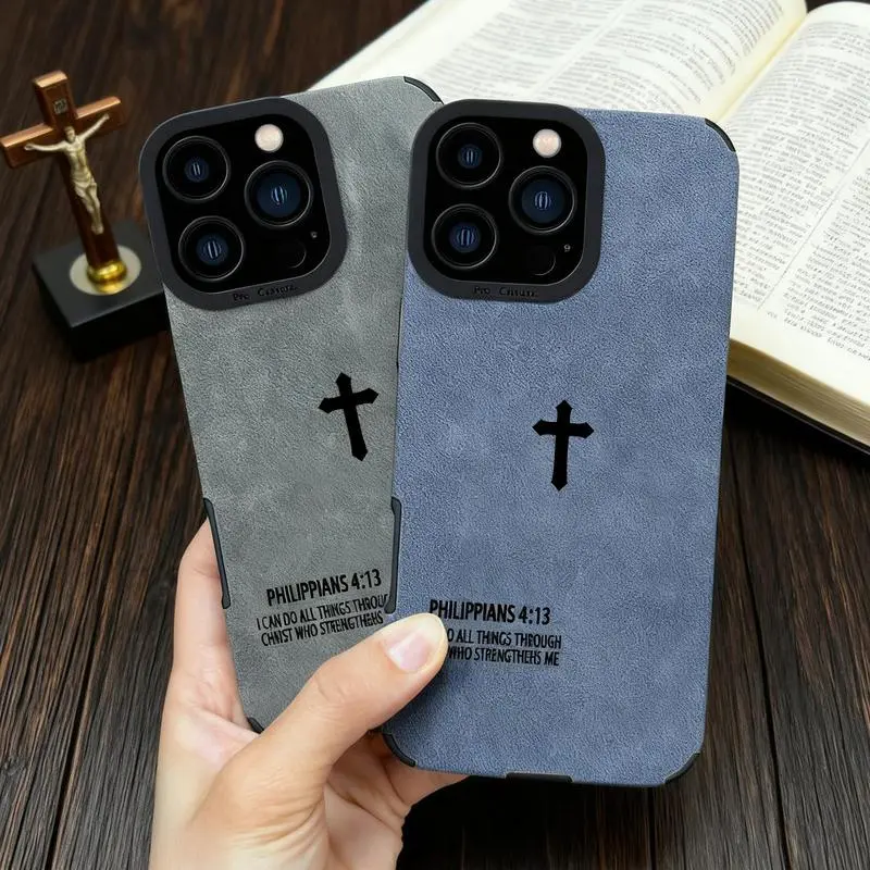 Bible Verse Cross Pattern Smartphone Casing for iPhone 17 Air,16 Plus,15,14,13,12,11 Pro Max,Xs,Xsmax - Soft TPU Leather, Shockproof, Full Screen Protector - Philippians HM138 for Handheld Cellphone Devices, Accessories