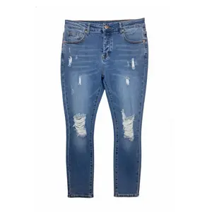 Ripped Distressed Denim Jeans for Women - High Waist Slim Fit Blue Denim Pants with Distressed Details