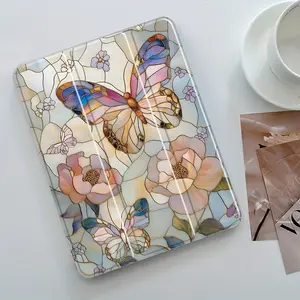 Stained Glass Butterfly Tablet Case with Stand,Auto Wake/Sleep Folio Cover for iPad,Protective TPU Back,Pastel Floral Art Print for Women Girls,Fits iPad 7.9/8.3/10.2/10.5/10.9/11/12.9 13 inch,Shock-resistant Full Cover Protective Case Suitable for Office