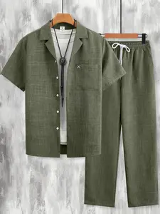 Men's Olive Green Plain 2-Piece Loungewear Set - Short-Sleeve Shirt (Blazer Collar + Chest Pocket) + Matching Drawstring Pants, Soft Breathable Fabric, Relaxed Oversize Fit, Perfect for At-Home Lounging, Weekend Relaxation & Casual Indoor Activities