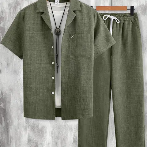 Men's Olive Green Plain 2-Piece Loungewear Set, Two Piece Loungewear, Casual Short Sleeve Pocket Lapel Shirt & Drawstring Pants Matching Set, Soft Breathable Fabric, Relaxed Fit, Perfect for Weekend Relaxation & Indoor Activities, Outfit, Menswear