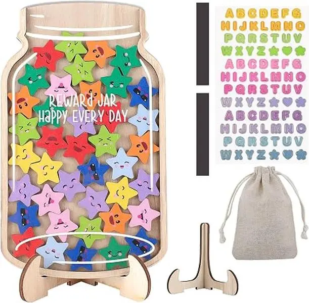 45PCS Magnetic Reward Jar for Kids Large 9.8 Magnetic Behavior Chart with 45 Smile Star Magnets & DIY Name Stickers Reward System for Home School Classroom Potty Training Chore Chart & Positive Reinforcement