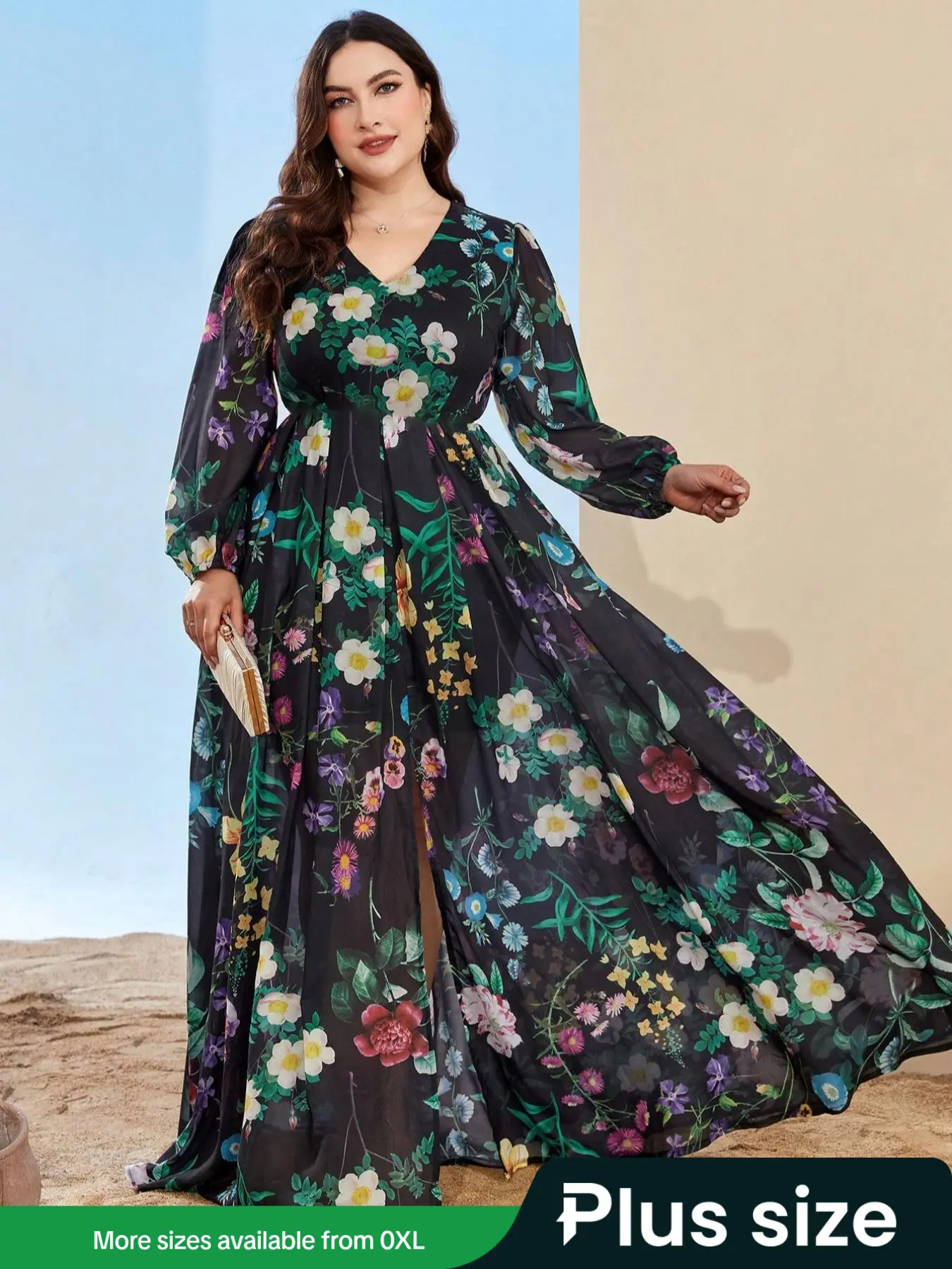 【Plus Size】 Floral Print Bishop Sleeve Split Thigh Dress, Elegant Long Sleeve V Neck A Line Dress for Party Holiday Wedding Guest, Women's Clothes for
