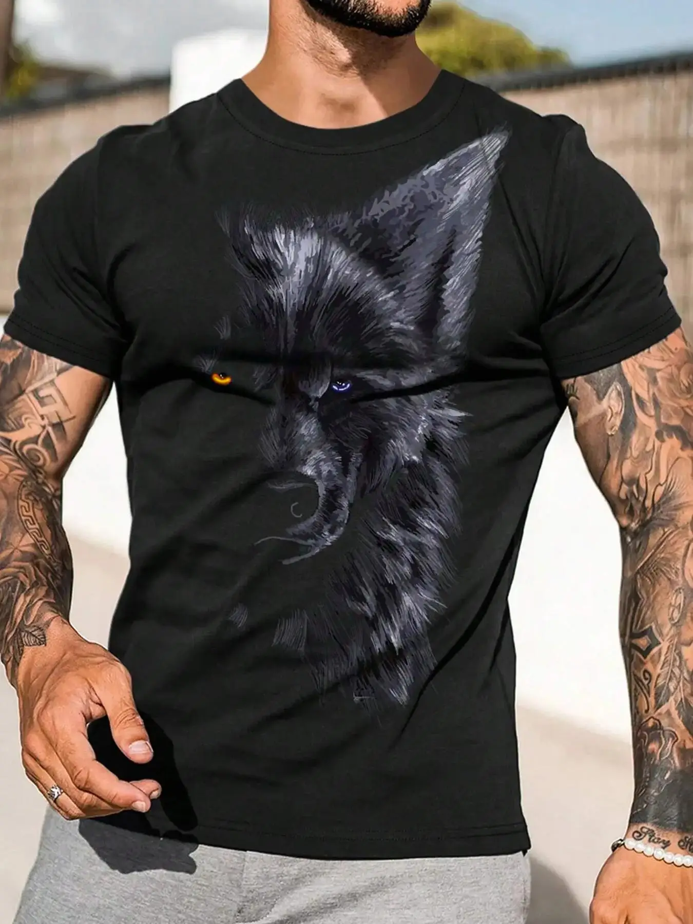 Men's Wolf Print Round Neck Tee, Summer Clothes, Casual Regular Fit Short Sleeve Crew Neck T-Shirt for Summer, Fashion Men's Top for Daily Wear