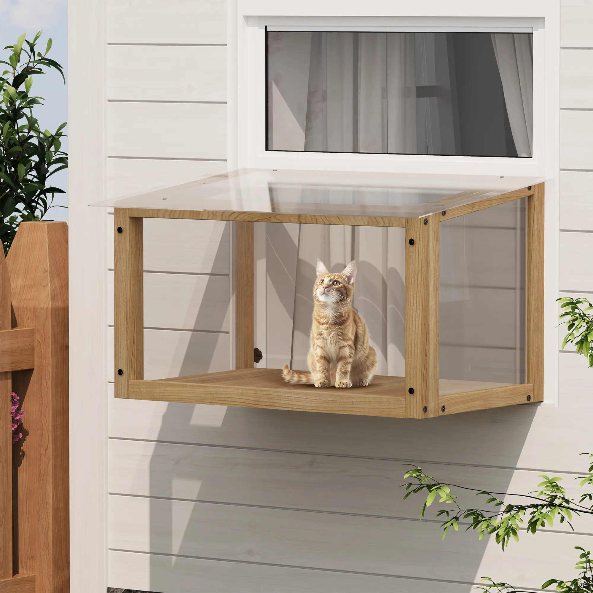 Waterproof Hanging Cat Window Perch for Indoor Cats - Solid All-Season Home Outdoor Wooden Catio Box with Safety Net, Fits Single Window Frames with 24-35 in Opening Width, 24" l x 14" h