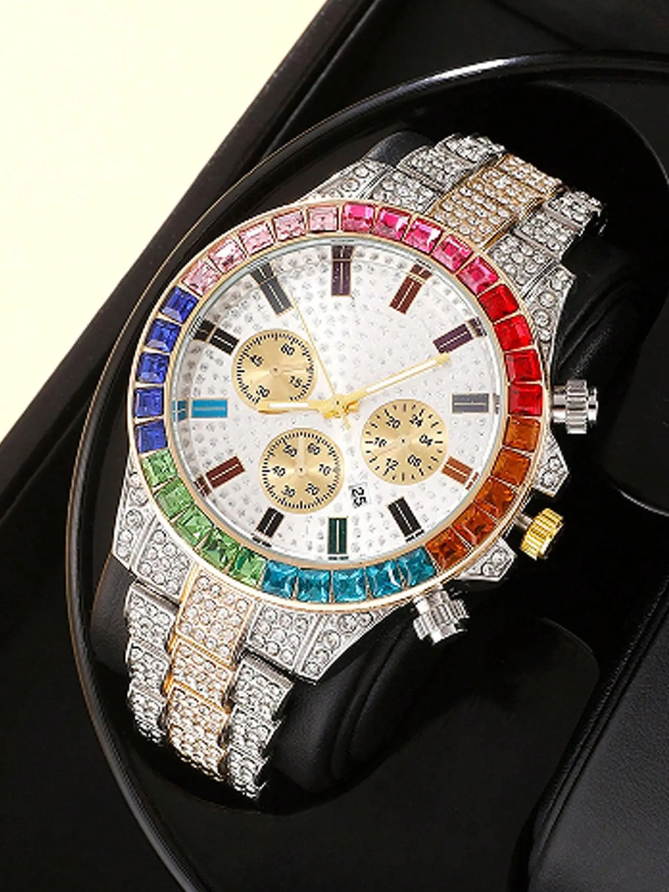 Men's Fashion Colorful Rhinestone Decorated Analog Quartz Watch, Fashion Watch for Party, Daily Clothing Decor, Trendy All-match & Exquisite Watch for Birthday Gift, Stylish Watch, Fashionable Analog Watch