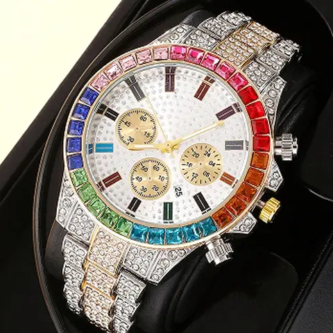 Men's Fashion Colorful Rhinestone Decorated Analog Quartz Watch, Fashion Watch for Party, Daily Clothing Decor, Trendy All-match & Exquisite Watch for Birthday Gift, Stylish Watch, Fashionable Analog Watch