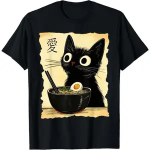 100% Cotton Funny Cat Ramen Graphic Tee Japanese Kawaii Anime Cat T-Shirt
