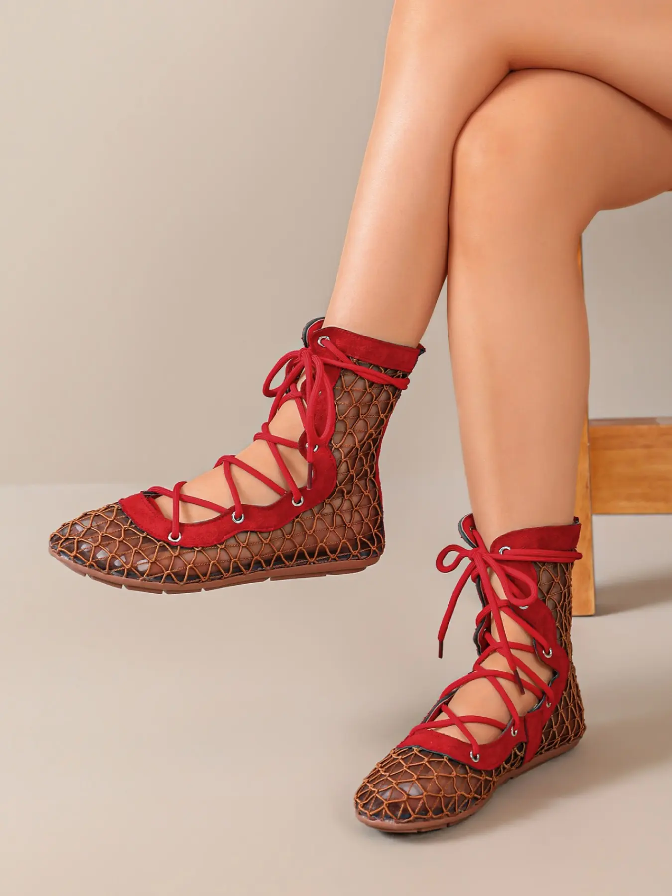 Women's Gladiator Mesh Short Strappy Boots, Breathable Fashion Footwear Fishnet Straps Flat Ankle Boots, Toe Cover Cross Strap Summer Beach Sandals, Bohemian Style Hollow Out Casual Shoes