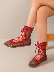 Women's Gladiator Mesh Short Boots, Breathable Fishnet Straps Flat Ankle Boots, Toe Cover Cross Strap Summer Beach Sandals, Bohemian Style Hollow Out Casual Shoes