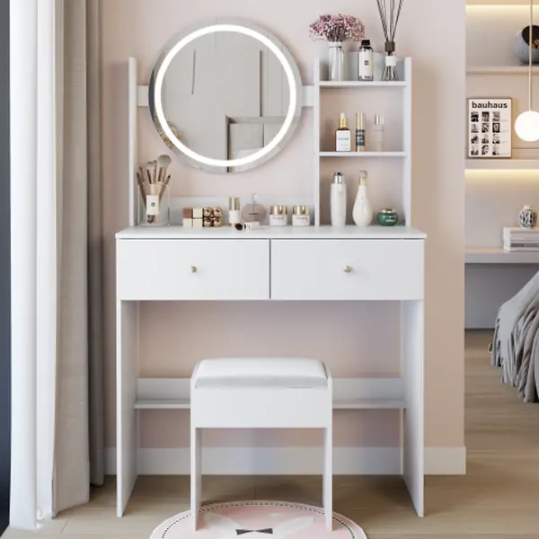 17" Round LED Mirror Vanity Dressing Table Set with Soft Cushioned Stool, Touch Control, 3-Color Adjustable Brightness, Large Tabletop, Multi-Layer High-Capacity Storage for Small Spaces