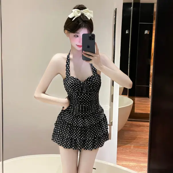 Pure Desire Style Swimsuit for Women with Dress, Halter Neck, Retro Polka Dots, Backless, Slimming, Hot Spring Swimwear