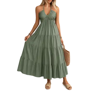 2026 Spring-Summer Solid Color Halter Beachwear Loose Long Dress Fashion Backless Pleated Dress