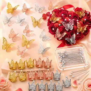 152-Piece Flower Arrangement Accessories Set - 15 3-Color Crowns 36 3D Butterflies 100 Corsage Pins, Complete Floral Cake Decor Supplies for Wedding Birthday Anniversary, Exquisite Atmosphere Boost