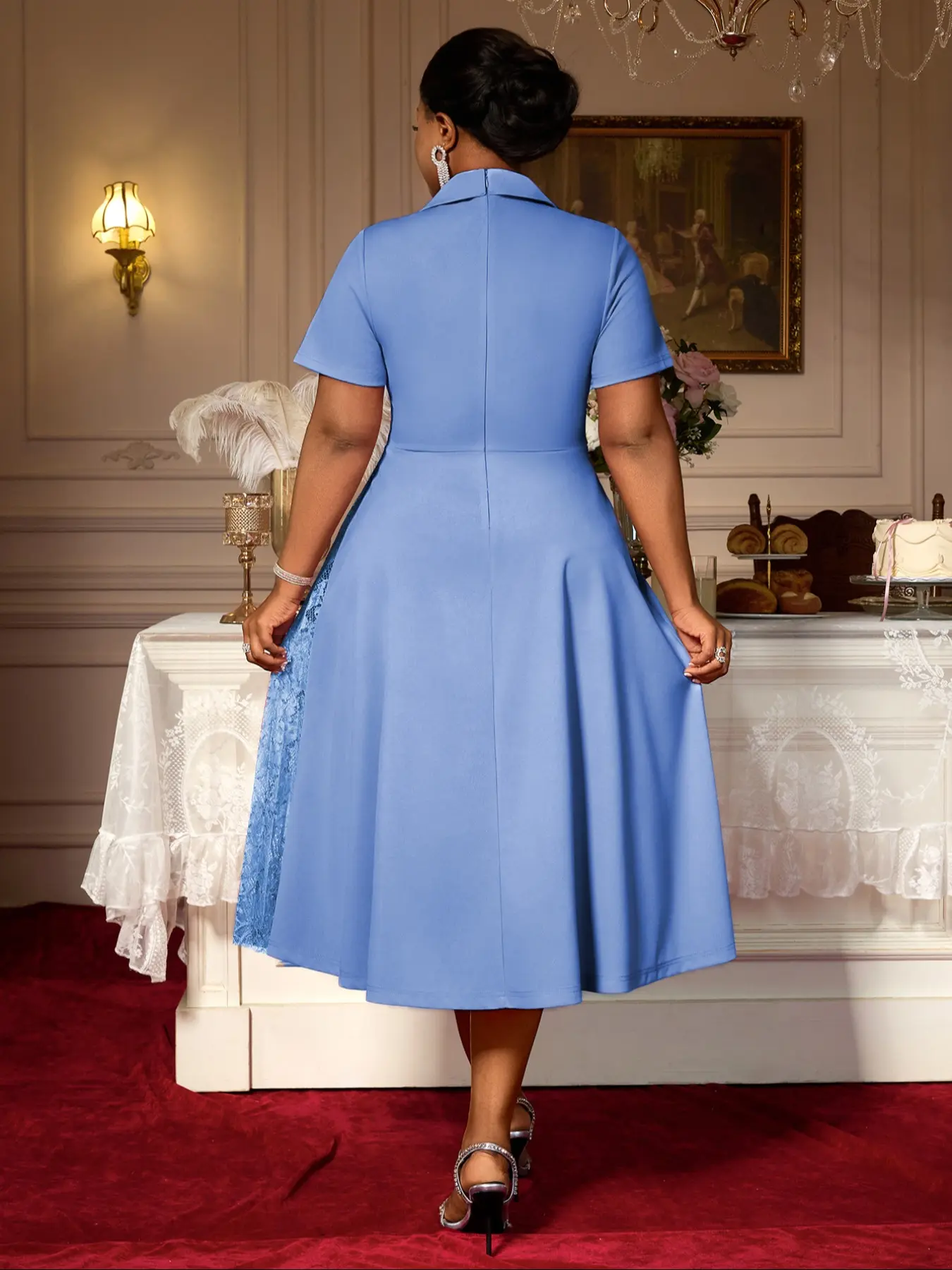 Plus Size Short Sleeve Lapel Dress, Lace Patchwork Pleated A-Line, Fashion  Formal Party Curve Fit, Midi Length, Zipper Fly, Summer Style - TikTok Shop