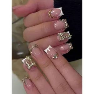 24Pcs Long Square Press On Nails White French Tip Nails Rhinestone Decorated Elegant Full Cover For Women Girls Summer Nails Art Charm Daily Wear Nail Supplies Nails