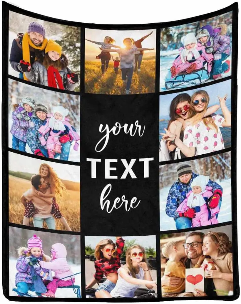 Custom Photo Collage Blanket for Family, Customized Bed Blanket with 10 Pictures & Text for Best Friends Kids Personalized Your Own Photos on Throw Blanket for Birthday Memorial Gifts