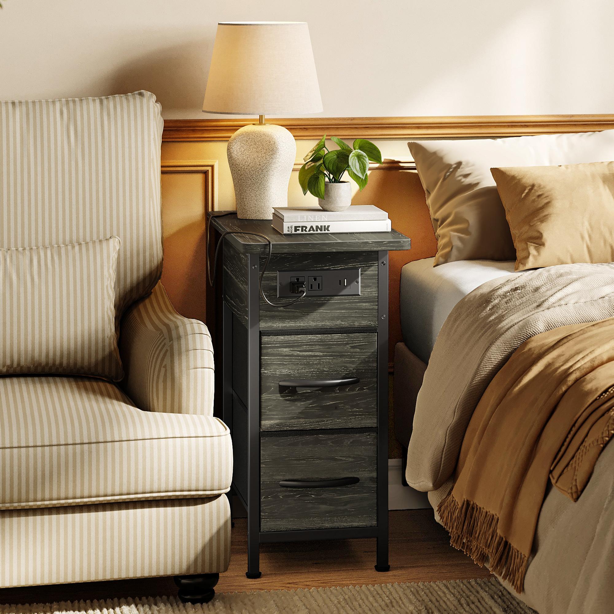 Huuger Narrow End Table with Charging Station, Flip Top Side Table with 2 Fabric Drawers, Slim Night Stand with USB-C Port for Small Spaces, Nightstand Bedside Couch Table, Living Room Huuger Narrow End Table with Charging Station, Flip Top Side Table with 2 Fabric Drawers, Slim Night Stand with USB-C Port for Small Spaces, Nightstand Bedside Couch Table, Living Room