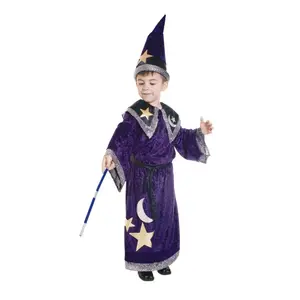 Wizard Costume Dress For Kids | Purple Velour Robe with Star & Moon Design, Hat, Belt & Wand - Magician Costume For Girls & Boys - Perfect for Halloween, Magic Shows, School Plays & Fantasy Party
