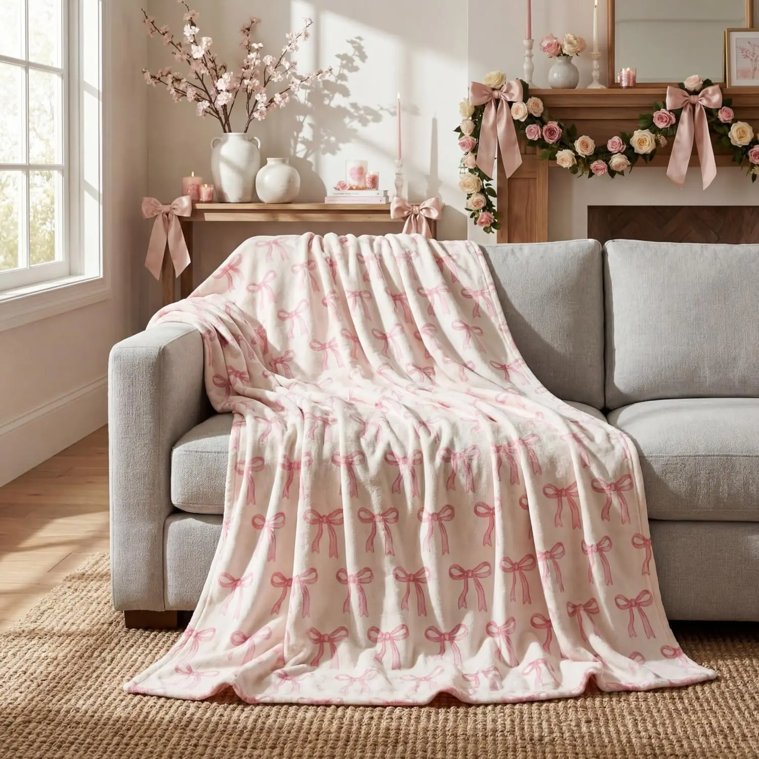 Bow Flannel Blanket Throw, Pink Bow Soft Fuzzy Plush Cozy Fleece Blankets for Couch Sofa Bed Lounging, Ideal Gifts for Women Mom Teacher Nurse Coworkers