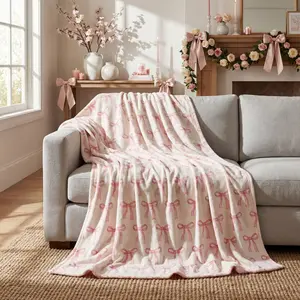 Bow Flannel Blanket Throw, Pink Bow Soft Fuzzy Plush Cozy Fleece Blankets for Couch Sofa Bed Lounging, Ideal Gifts for Women Mom Teacher Nurse Coworkers
