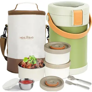 67oz/2L Thermo for Hot , 304 Stainless Vacuum Insulated Soup Thermo, Leakproof Thermal Lunch Box with 3 Stackable Bento Boxes & Leakproof Sauce Cups for Adults Office Travel Camping - Green