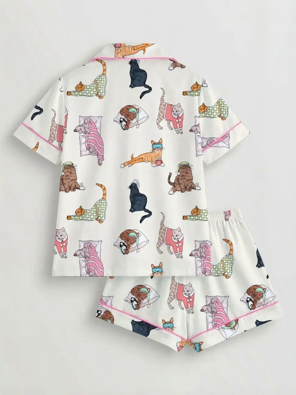 [S-5XL] Women's Cat Print Pajama Set, Short Sleeve Button Front Top & Elastic Shorts, Casual Home Wear, Loungewear, Comfortable Sleepwear for All Seasons, Pjs, Casual Pajamas Outfit