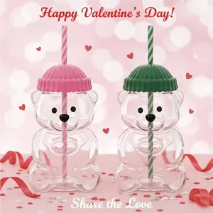2026 Hit Bear-Shaped Glass Cup, Festival & Party Gift Series Drinking Cup with Striped Straw + Beanie-Style Lid (Pink, Green)