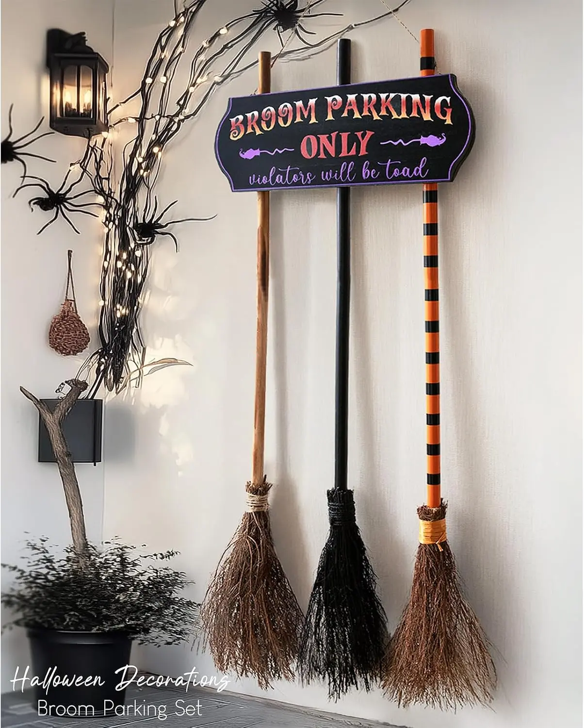 Halloween Decorations - Broom Parking Sign with 3 Wooden Witches Brooms | Hocus Pocus Decor, Halloween Decor, Front Porch Wall Decoration, For Indoor Outdoor Home Office Party