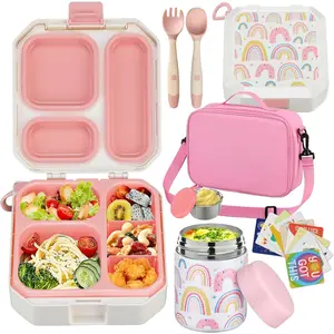 Kids Bento Lunch Box Set - 12oz Leak-Proof Insulated Soup Container, 5 Compartment Food Container With Hot Jar & Insulated Lunch Bag for Toddler Girls Boys to School