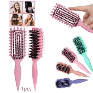 1 curly hair defining brush - Portable hollow-out comb with nylon bristles and ABS handle, available in multiple colors (pink/brown/purple/green), suitable for all hairstyles, a tool for smoothing and styling, durable hair comb
