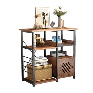 Multifunctional kitchen island storage rack, microwave oven rack for coffee bar, metal frame, with doors, easy assembly, vintage brown color. Country style kitchen storage cabinet, sideboard, suitable for home, office, corner, bar, or espresso machine.