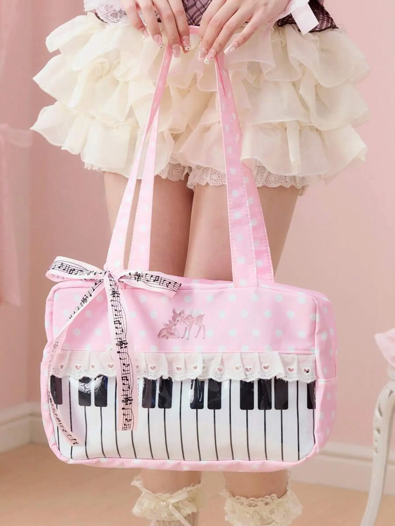 Sweet and fashionable retro polka dot piano tote bag, piano key print+deer embroidery, lace lace+musical note bow, exquisite and niche personalized Embellished Shoulder Bag, suitable for commuting, shopping, and gatherings, Fashionable patterned bag