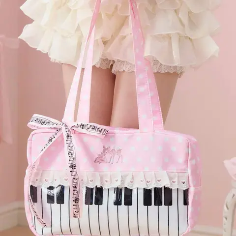 Sweet and fashionable retro polka dot piano tote bag, piano key print+deer embroidery, lace lace+musical note bow, exquisite and niche personalized Embellished Shoulder Bag, suitable for commuting, shopping, and gatherings, Fashionable patterned bag