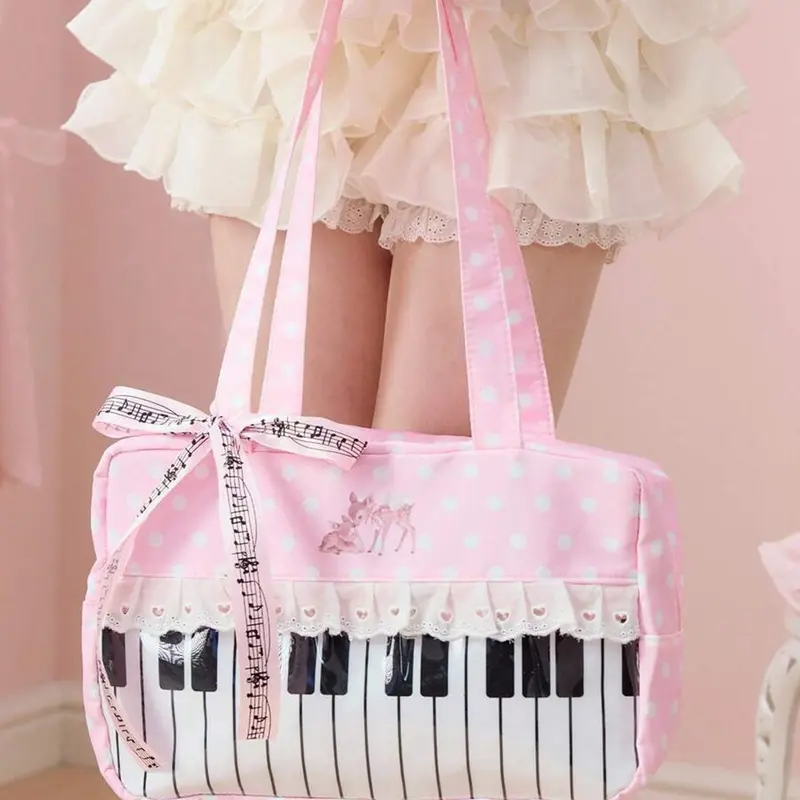 Sweet and fashionable retro polka dot piano tote bag, piano key print+deer embroidery, lace lace+musical note bow, exquisite and niche personalized Embellished Shoulder Bag, suitable for commuting, shopping, and gatherings, Fashionable patterned bag