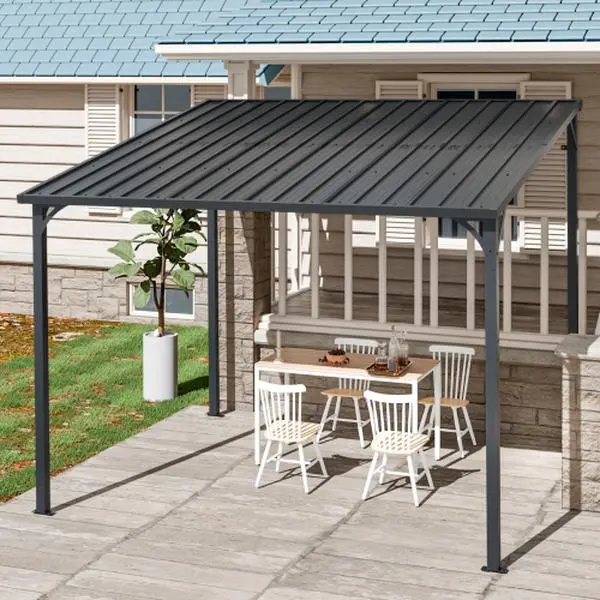8'x10' Black Sturdy Metal Outdoor Pergola - Wall-Mounted Gazebo with Inclined Waterproof Iron Sheet Roof, Galvanized Steel Shed, 500 lbs Load Capacity for Patio, Garden