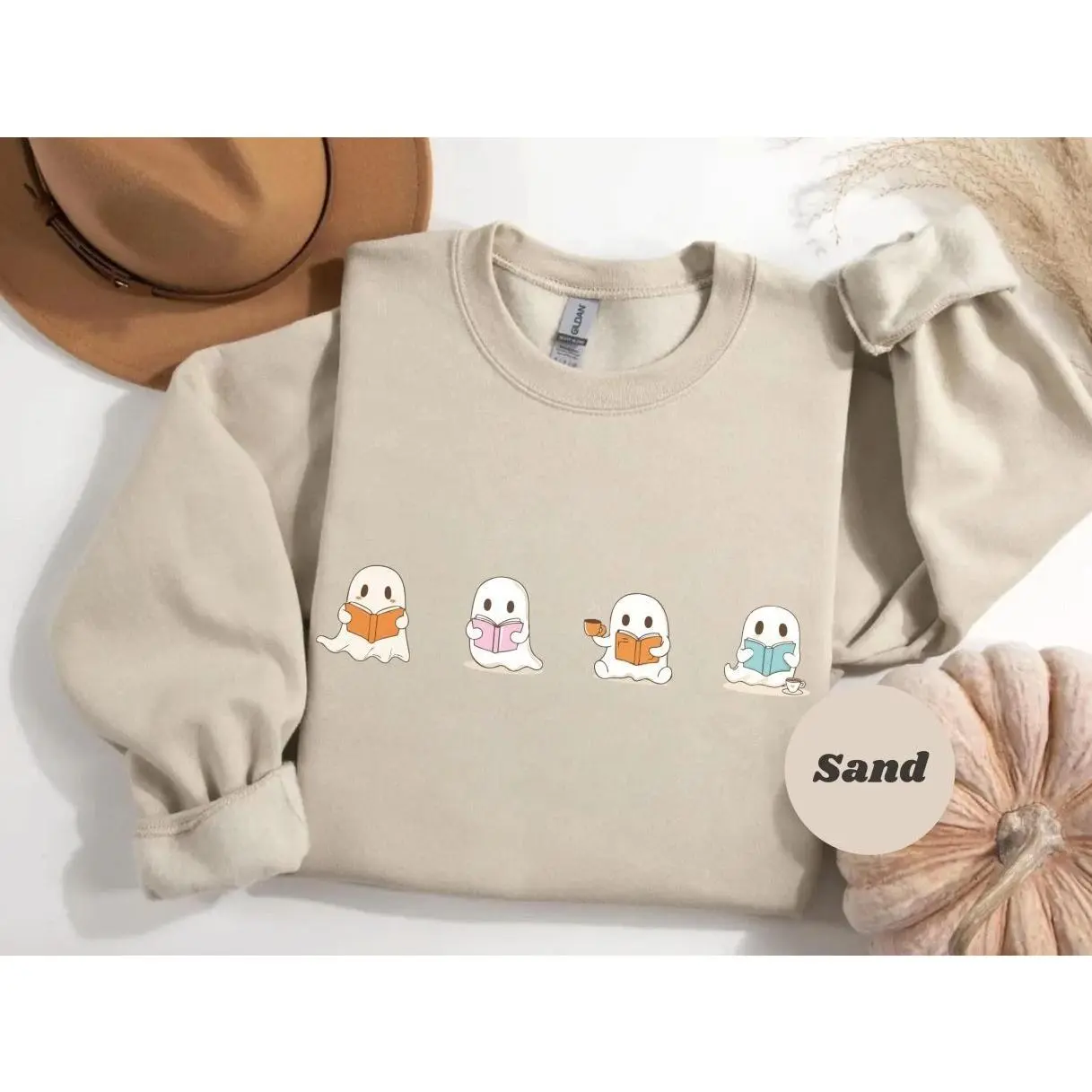 Ghost Reading Books and Drinking Tea and Coffee Cozy Sweatshirt, Fall Halloween Autumn Literature Lover Gift, Spooky Season Bookworm Reader Crewneck, Funny Ghost Novelty Apparel, Literary Gift for Women & Men