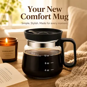Novelty Coffee Pot Glass Mug, 16oz Cute Coffee Cup with Lid & Handle, Mini Coffee Carafe Style Mug with Measurement Marks for Iced Coffee, Tea, Milk, Home Office Desk Drinkware, Unique Gift for Coffee Lovers