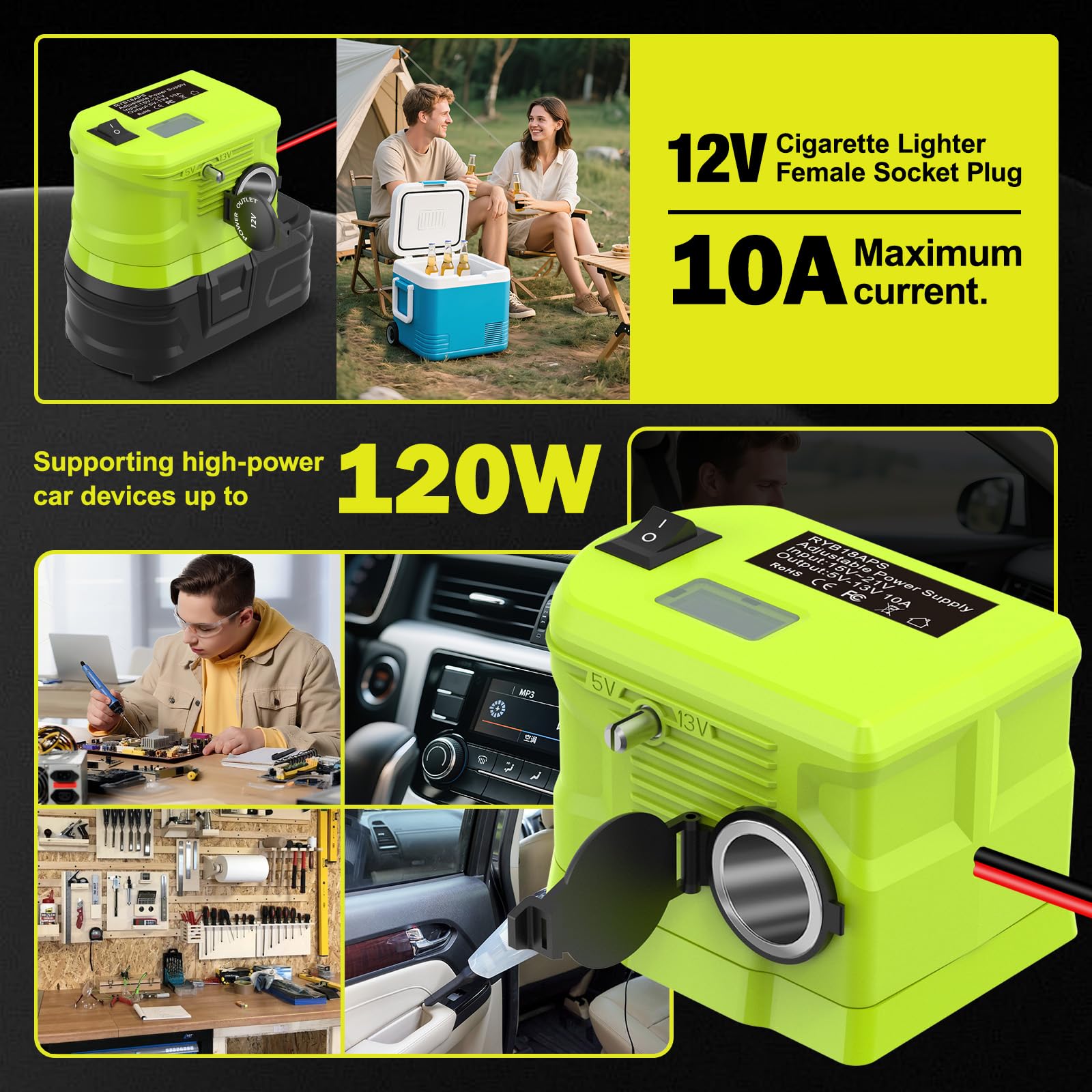 Step Down Converter for Ryobi 18V Battery, 5V-13V 10A Adjustable Power  Wheel Adapter with 12V Cigarette Lighter Socket, 120W Max DC Voltage  Regulator for Car Devices, Camping, DIY Projects