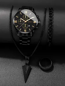 Men's Fashion Watch & Chain Bracelet & Necklace & Ring Set, Fashionable Jewelry Set, Casual Round Dial Analog Quartz Watch & Jewelry Set, Trendy Watch Set for Party, Daily Decor, Exquisite Watch Set for Gift