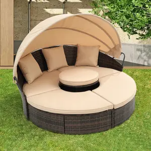 ARCH Hot Sale KD Rattan Round Lounge With Canopy Bali Canopy Bed Outdoor, Wicker Outdoor Sofa Bed with lift coffee table