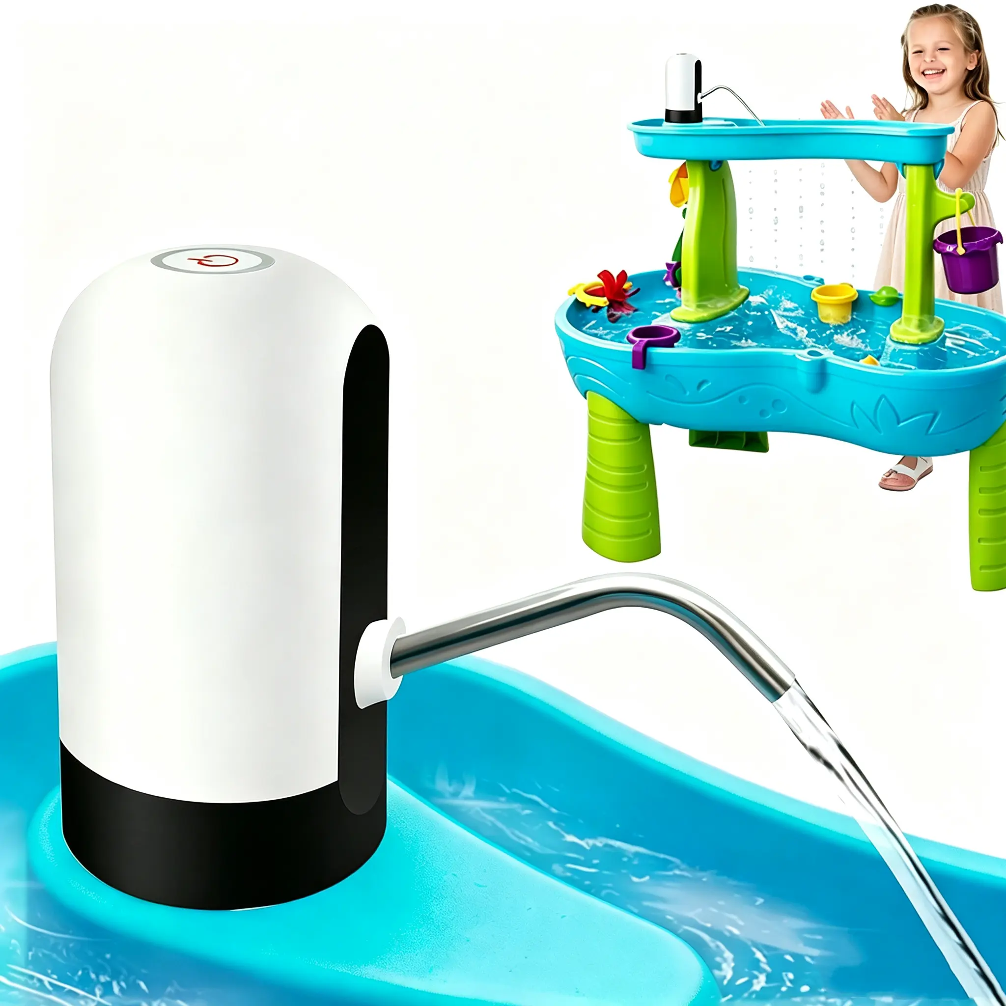 Powerful Water Table Pump, Battery Powered Water Pump for Water Table 3 Hours Non-Stop Fun Portable Summer Outdoor Sand/Water Table Toys Water Play Table Accessories for Toddlers Kids（White）（Does not include the table）