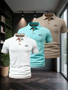 Men's Summer Colorblock Polo Shirt Set, Casual Business Golf Wear, Short Sleeve Fitted Knit Fabric