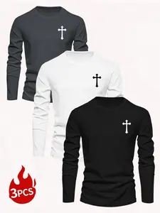 ✝️🔥3 Pack Basic Minimalist Cross Graphic Crewneck Long Sleeve Tees | Christian Faith & Gothic Aesthetic Tops | Versatile Casual Everyday Outfits