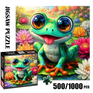 1pc 1000 piece adult puzzle 58x58cm Cute Frog on Lily - Pads Surrounded by Colorful Flowers 500 pieces paper jigsaw puzzle suitable for DIY creative games for adults and families, birthday and hol